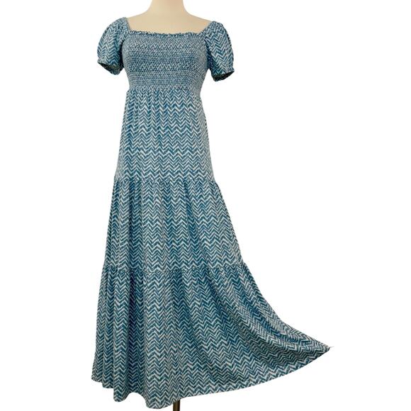 Anthropologie Daily Practice Tiered Maxi Dress Boho Peasant Blue/White Small - Picture 1 of 11